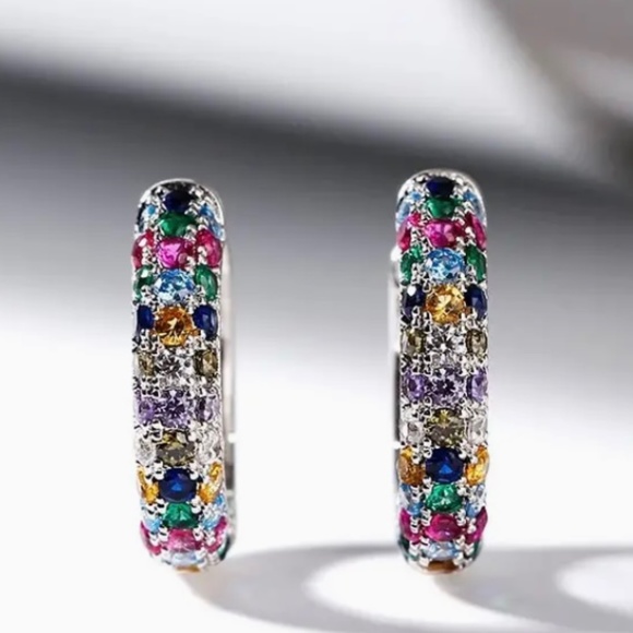 Silver Plated Mini Hoop Earrings Sparkling colorful Zircon Gem - Picture 6 of 10